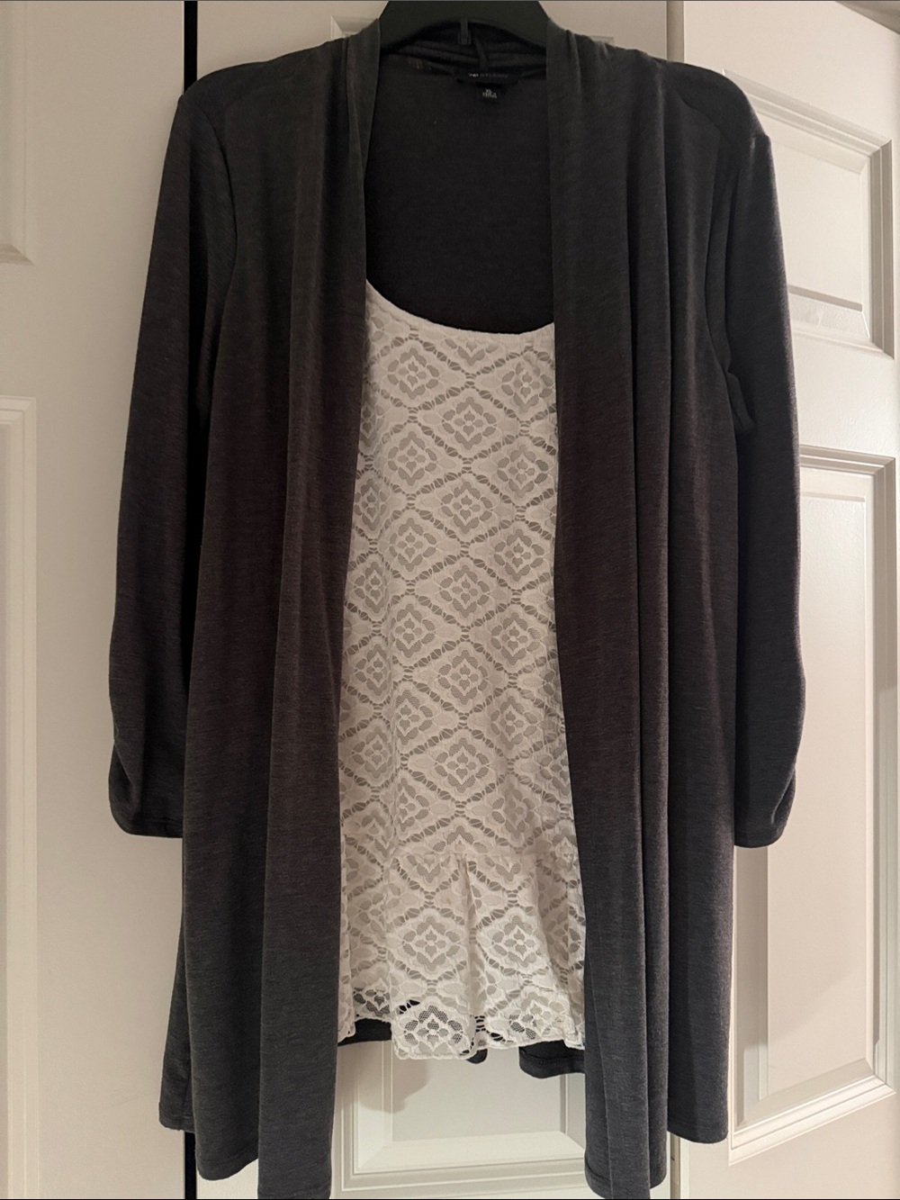 GUC AB Studio cardigan style one piece top. Size XL. Charcoal gray w/ white lace